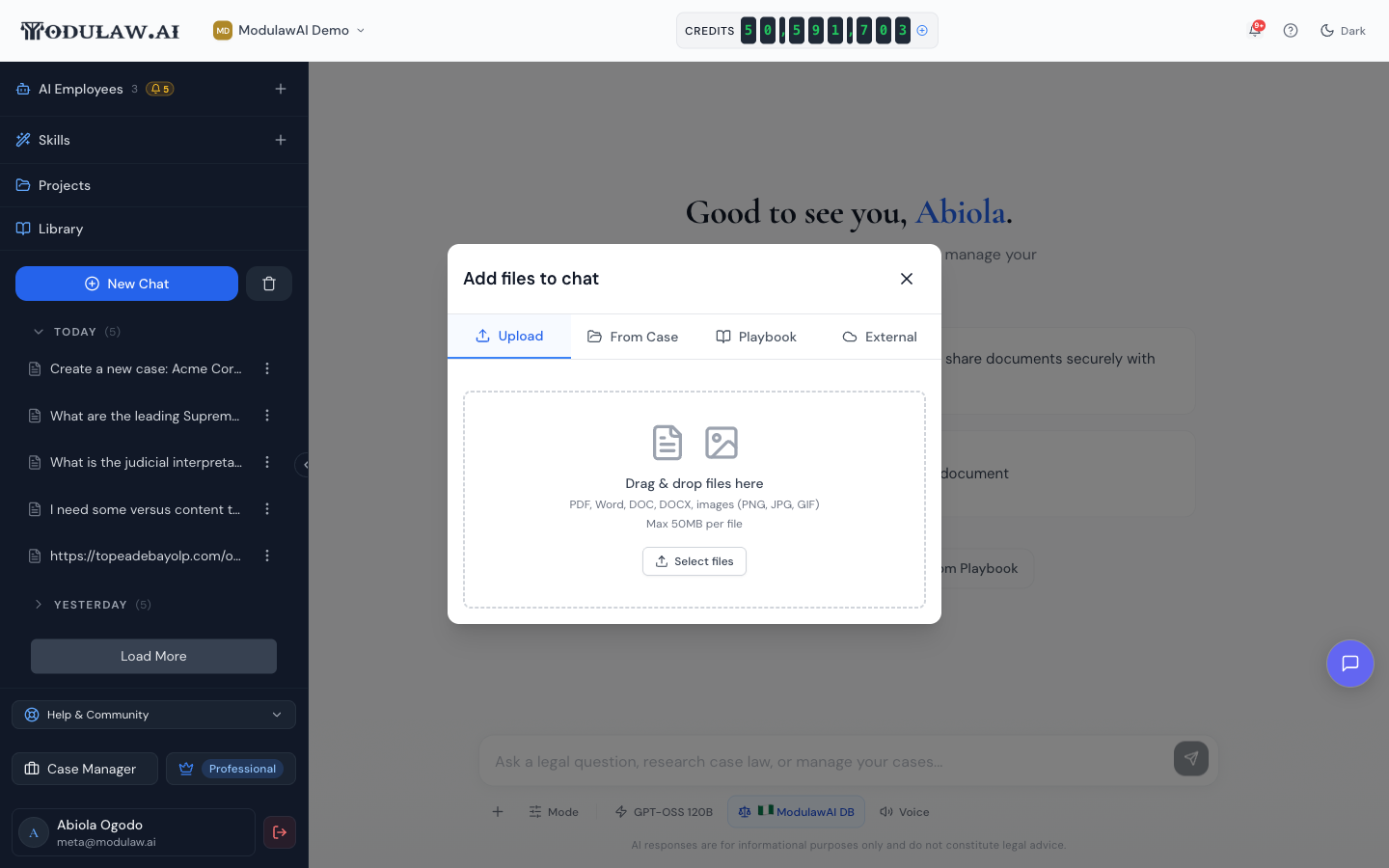 The Add files to chat dialog with Upload, From Case, Playbook and External tabs