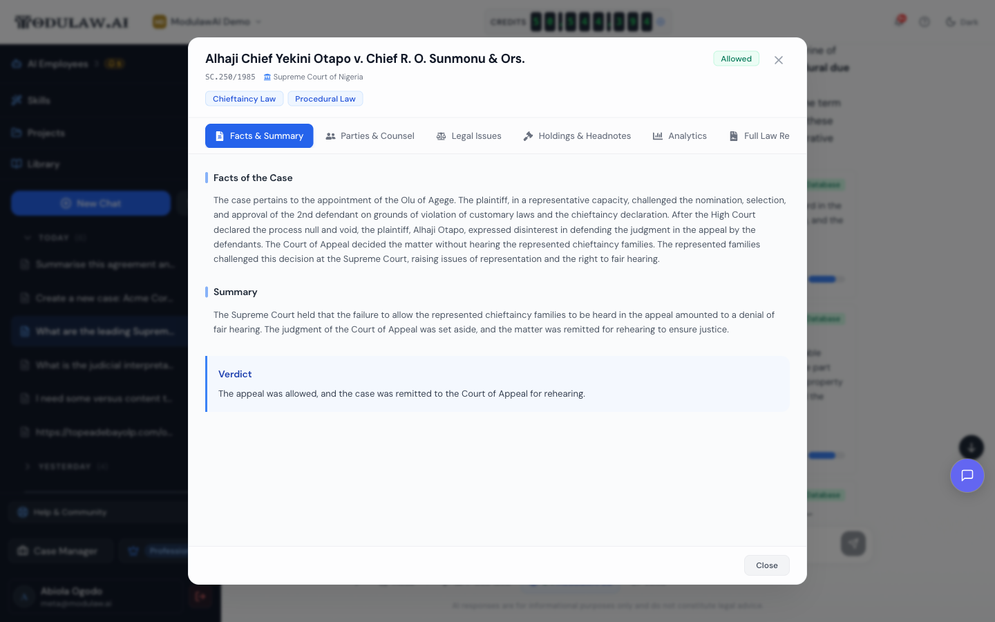The full case details panel with facts, summary, verdict, and tabs for holdings and analytics