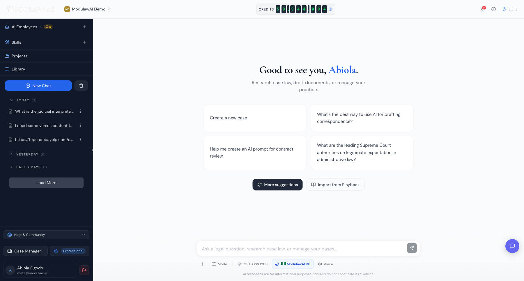 The ModulawAI Legal Assistant chat home with suggested prompts and the message box