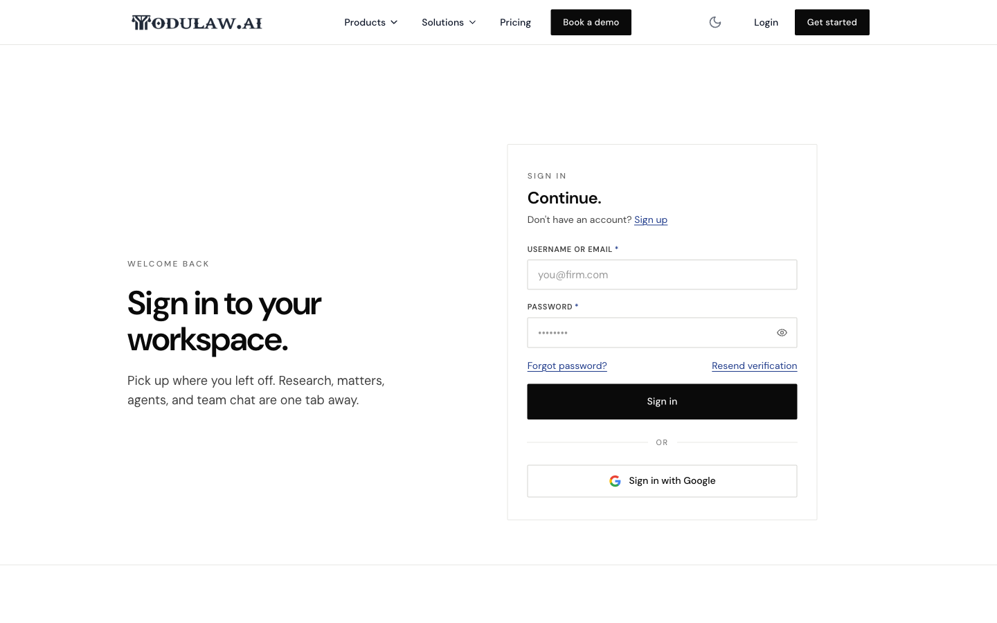 The ModulawAI sign-in page with fields for username or email and password, a Sign in button, and a Sign in with Google option