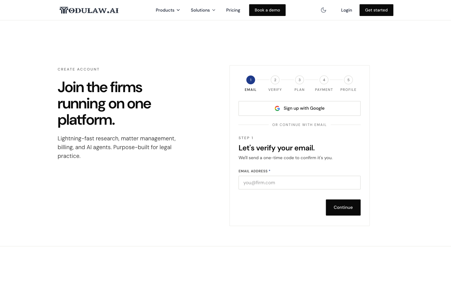 The ModulawAI sign-up wizard showing five steps: Email, Verify, Plan, Payment, and Profile