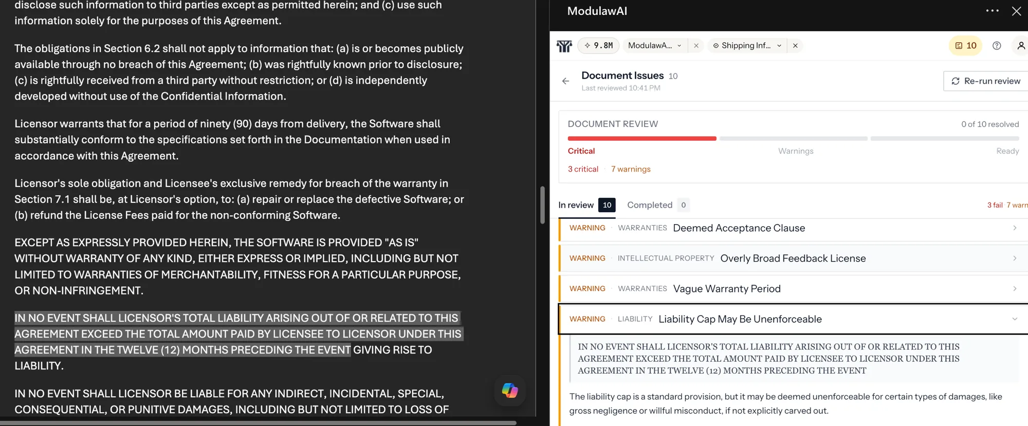ModulawAI add-in inside Microsoft Word showing redlines and citation checks