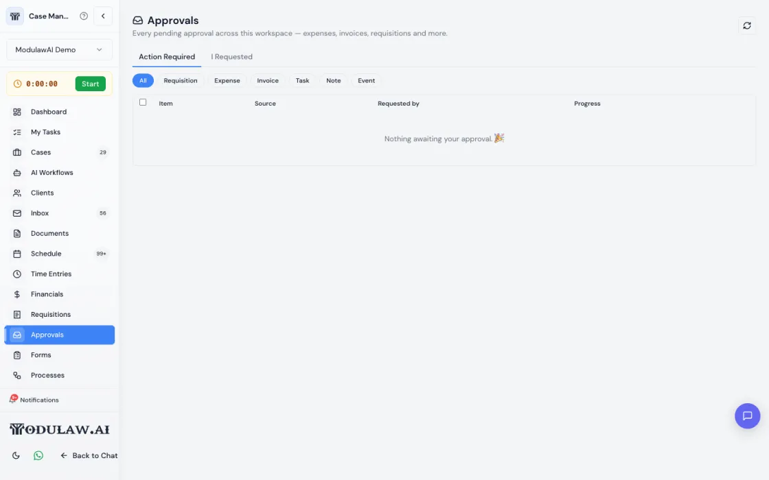 Approvals Center with Action Required and I Requested tabs and item-type filters