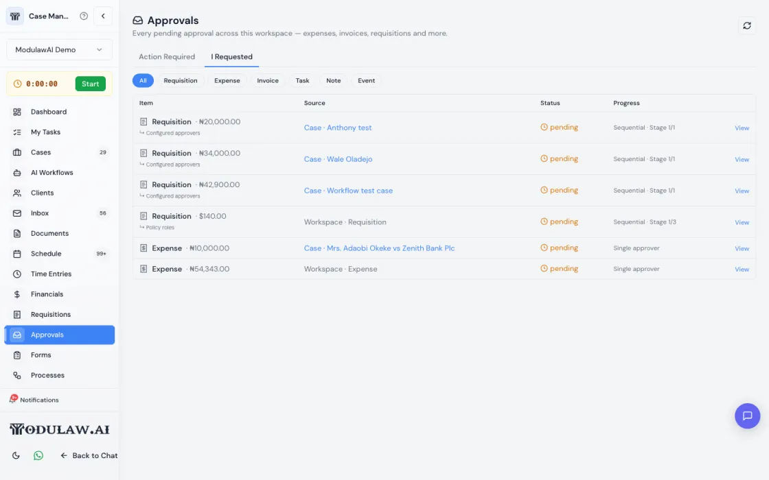 The I Requested tab listing approvals the user has raised