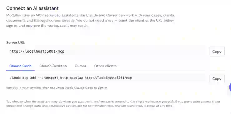 The Connect an AI assistant panel in Modulaw showing the MCP server URL with a copy button and tabs for Claude Code, Claude Desktop, Cursor and other clients