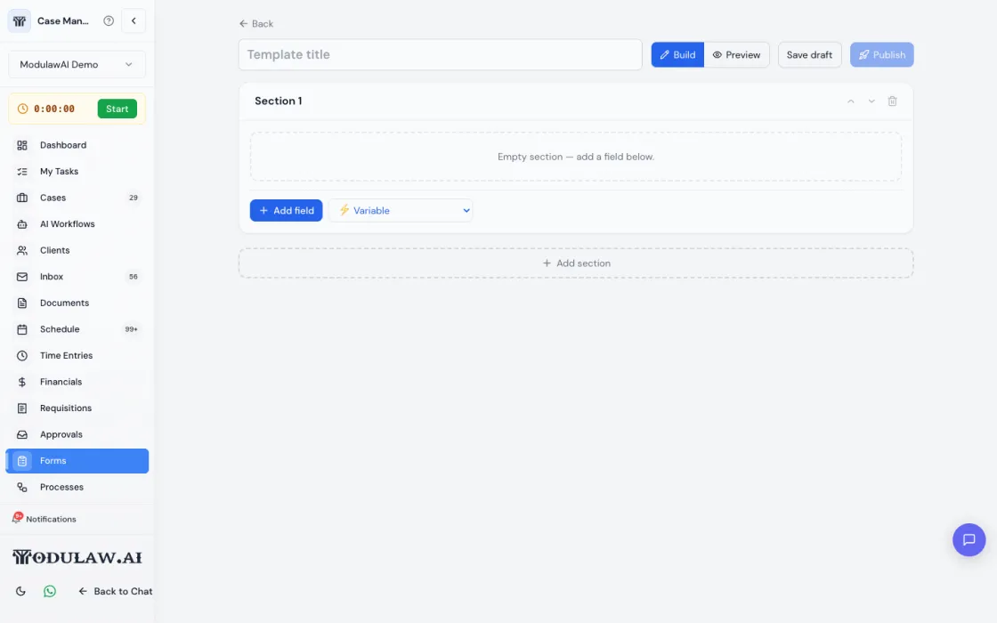 The form builder with a section, an add-field control and Build, Preview, Save draft and Publish actions