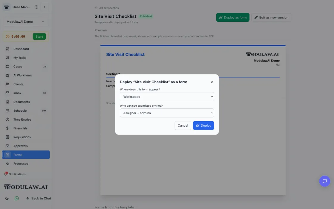 Deploy a form dialog: where the form appears and who can see submitted entries