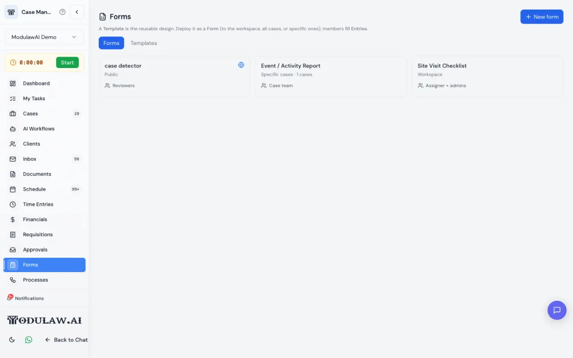 Forms hub showing deployed forms with their scopes and reviewers