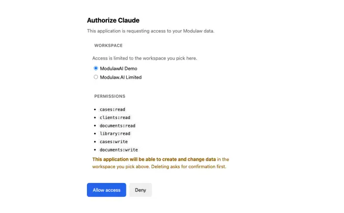 The Modulaw authorisation screen showing the workspace picker, the requested permissions, and a warning that the application will be able to create and change data