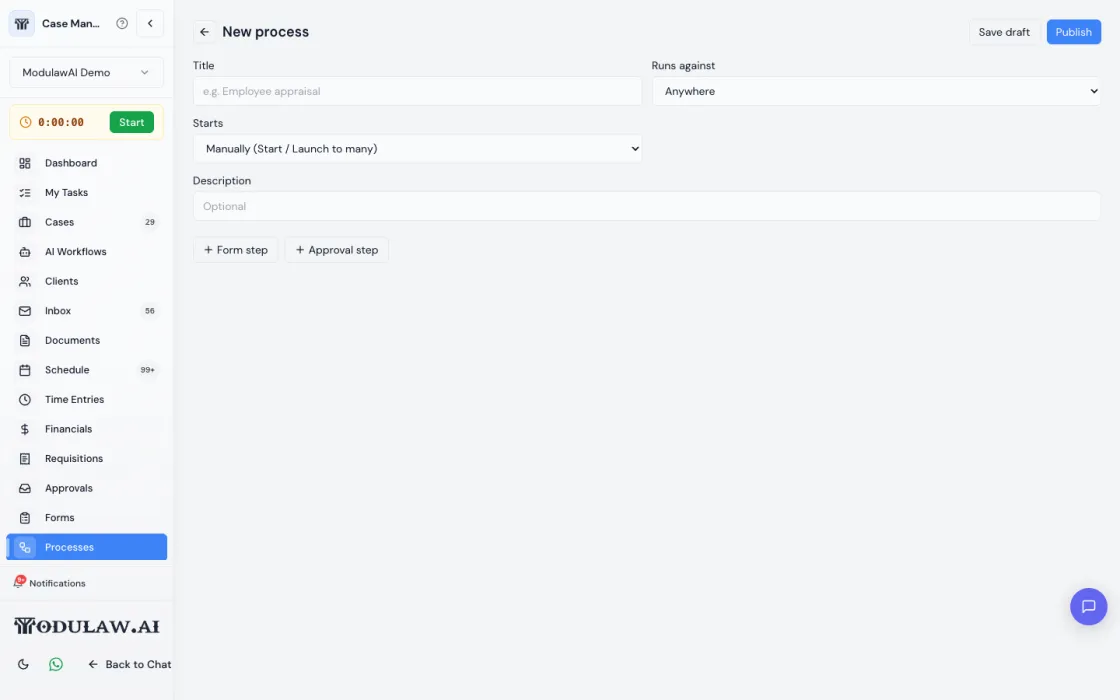The process builder with Title, Runs against, Starts, Description and Form step and Approval step buttons