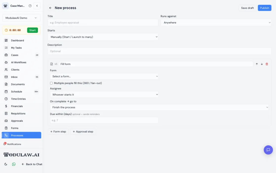 Configuring a process form step: form picker, fan-out option, assignee and due date