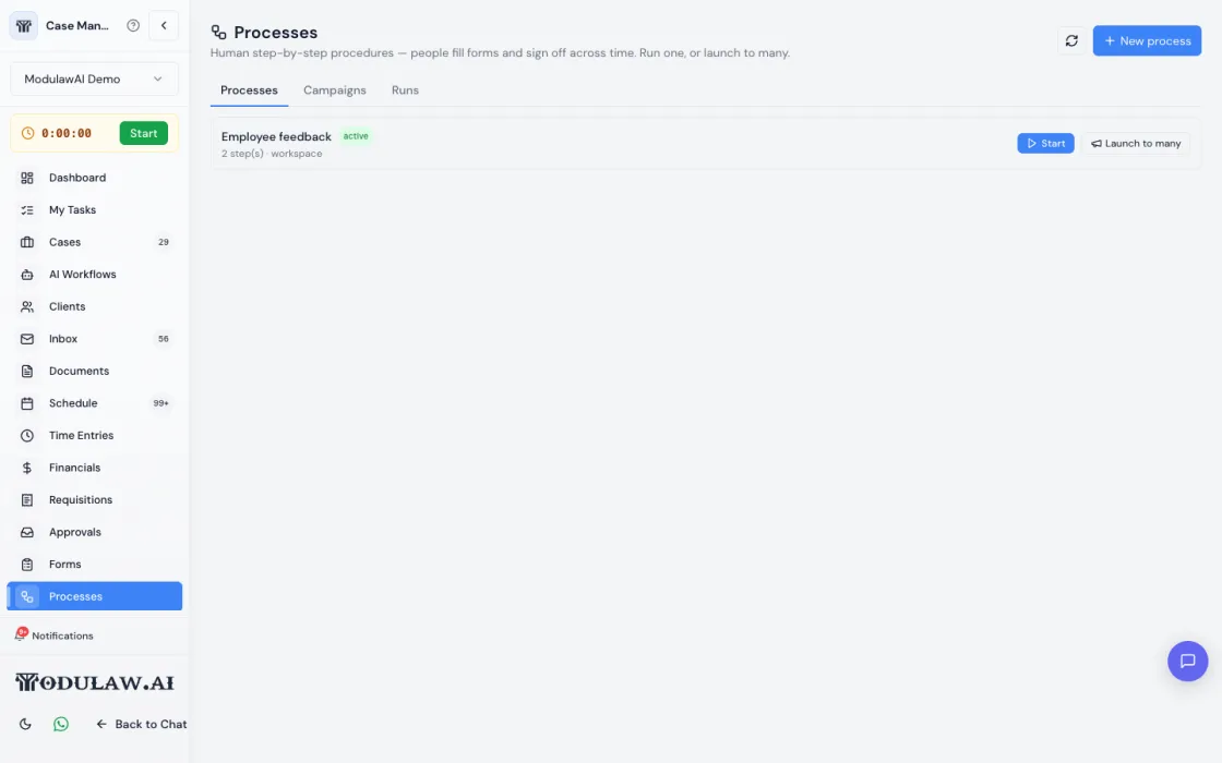 Processes hub with Processes, Campaigns and Runs tabs and an active definition