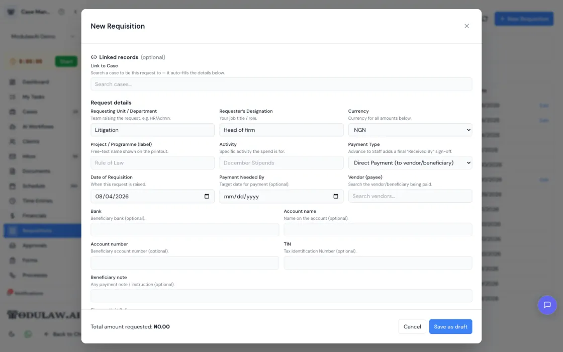 The New Requisition form with unit, designation, currency, payment type and beneficiary fields