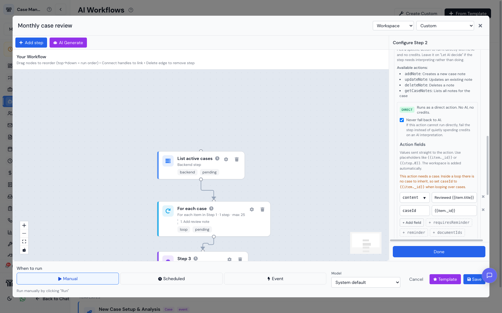 The workflow builder canvas showing a list step feeding a loop step, with the action configuration panel open