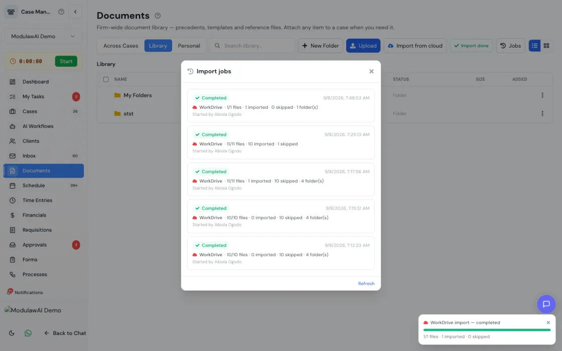 The Import jobs dialog listing recent imports with status, file counts and who started each one