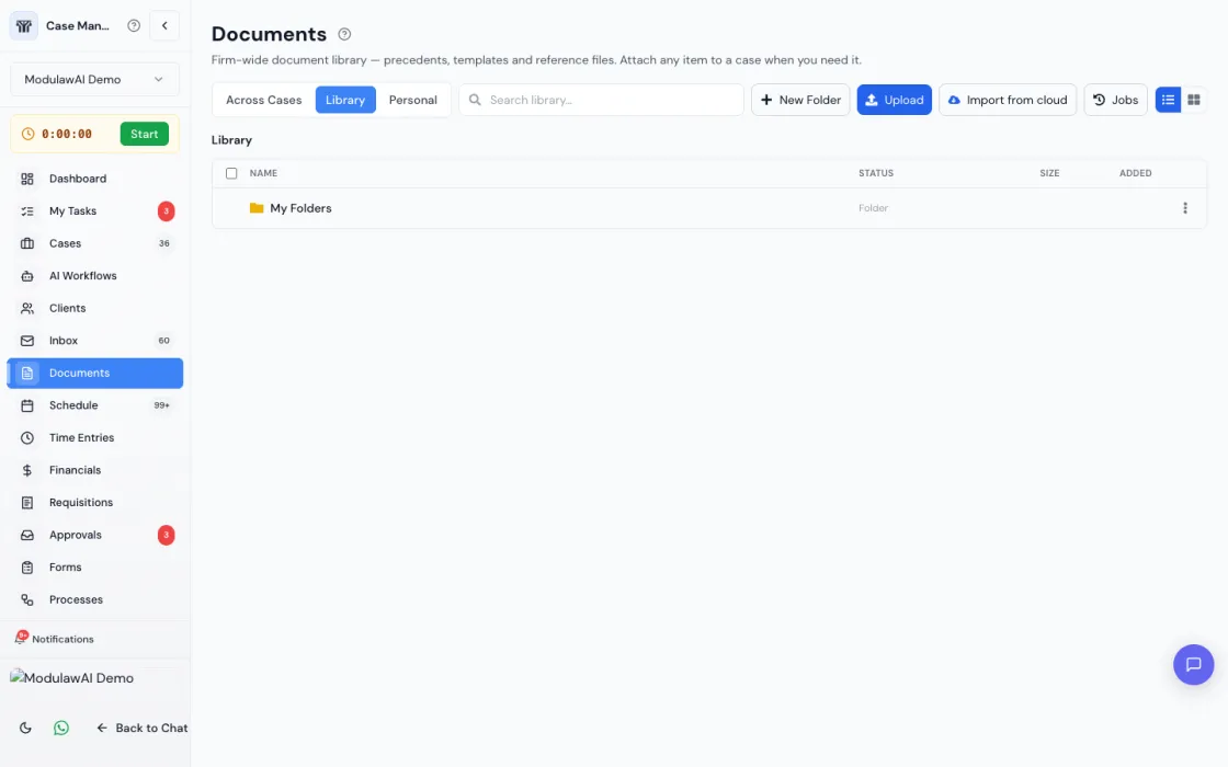 The Documents section showing the Library tab with New Folder, Upload, Import from cloud and Jobs buttons