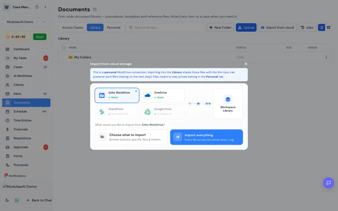The Import from cloud storage dialog showing Zoho WorkDrive and OneDrive as ready sources, with Choose what to import and Import everything options
