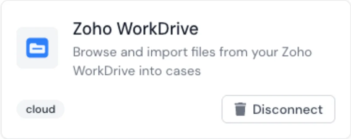 The Zoho WorkDrive card under Integrations, described as browse and import files from your Zoho WorkDrive into cases